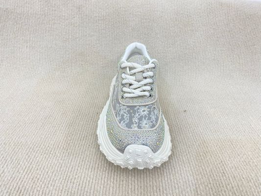 Women white leather sneakers with bling crystal and breathable lace mesh heightening