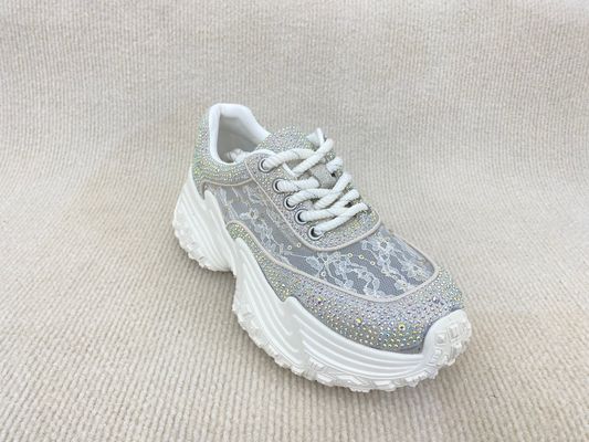 Women white leather sneakers with bling crystal and breathable lace mesh heightening
