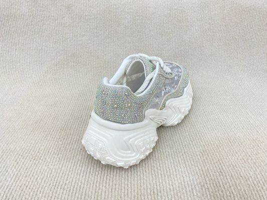 Women white leather sneakers with bling crystal and breathable lace mesh heightening