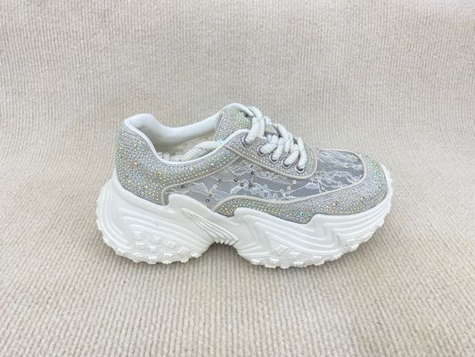 Women white leather sneakers with bling crystal and breathable lace mesh heightening