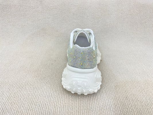 Women white leather sneakers with bling crystal and breathable lace mesh heightening