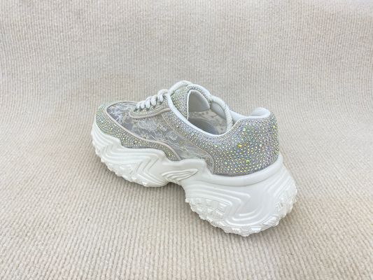Women white leather sneakers with bling crystal and breathable lace mesh heightening