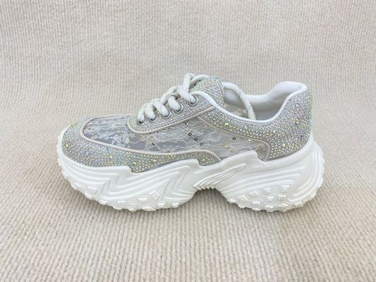Women white leather sneakers with bling crystal and breathable lace mesh heightening