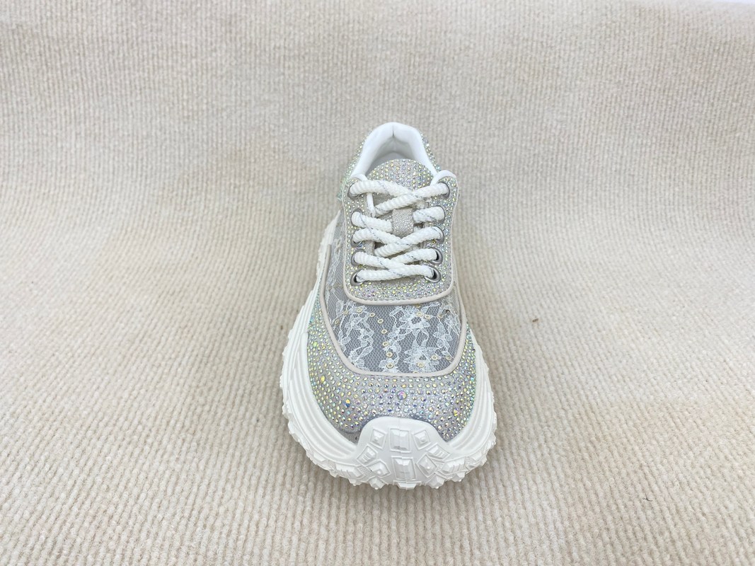 Women white leather sneakers with bling crystal and breathable lace mesh heightening